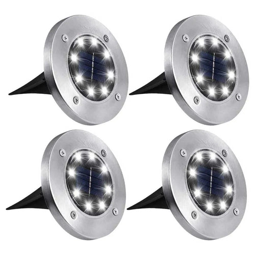 Faro 8 Led Lampada Solare Luce Bianca Tondo Disco 4 Pezzi Giardino - Offershop.it