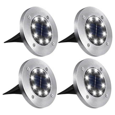 Image of Faro 8 Led Lampada Solare Luce Bianca Tondo Disco 4 Pezzi Giardino - Offershop.it
