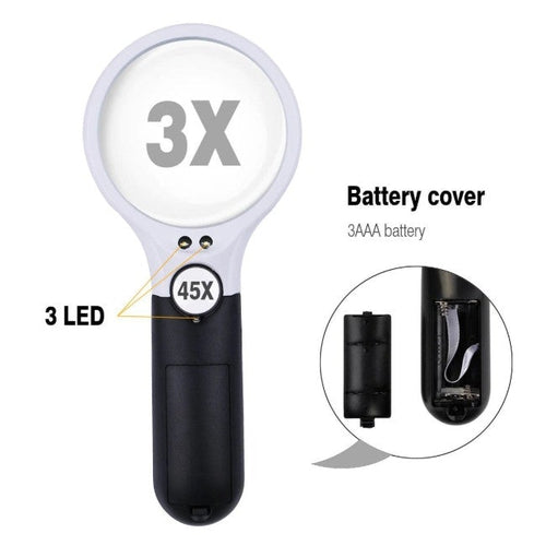 Lente Ingrandimento 3 Luci Led 2 in 1 3X 45X Illuminata Portatile Tascabile - Offershop.it